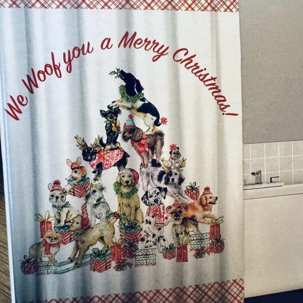 Woof Merry Christmas Holiday Pyramid Dogs Shower Curtain
